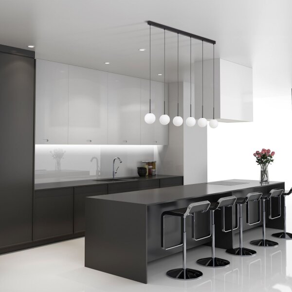 Pendelleuchte B: 122 cm Glas Metall Schwarz Weiß 6x G9