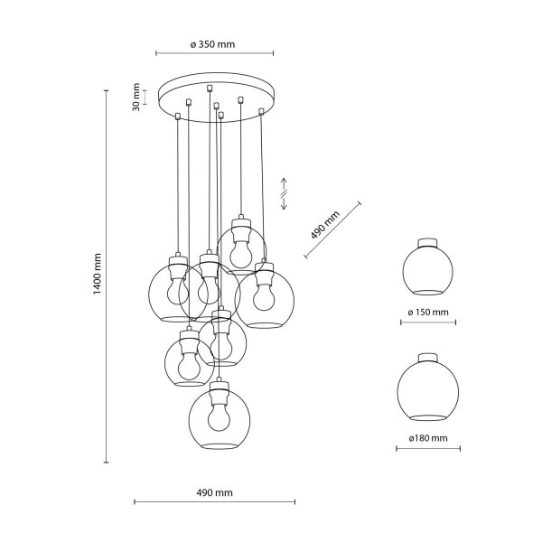 Hängeleuchte Rauchglas 7x E27 verstellbar Kugelschirme
