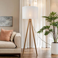 Stehleuchte klein 145 cm Dreibein E27 Stoff Holz Wohnzimmer