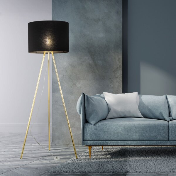 Dreibein Stehlampe 160 cm Metall Stoff E27 Gold Schwarz
