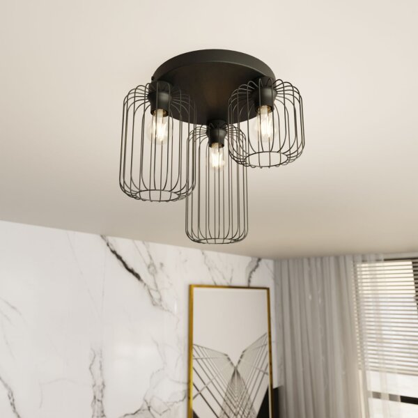 Runde Deckenlampe Schwarz Metall E27 3-flammig B:30 cm