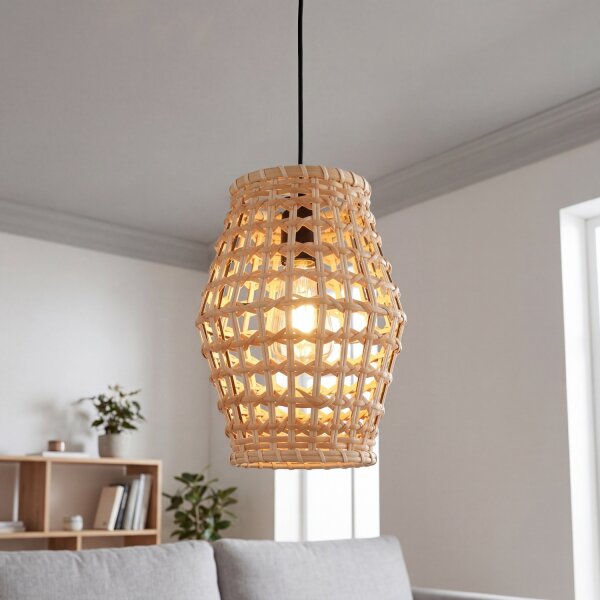 Hängelampe Korb Rattan Metall E27 rund Ø22 cm Boho