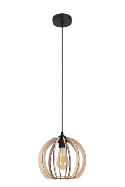 Runde Pendelleuchte Holzschirm Metall E27 Kugel Ø24 cm