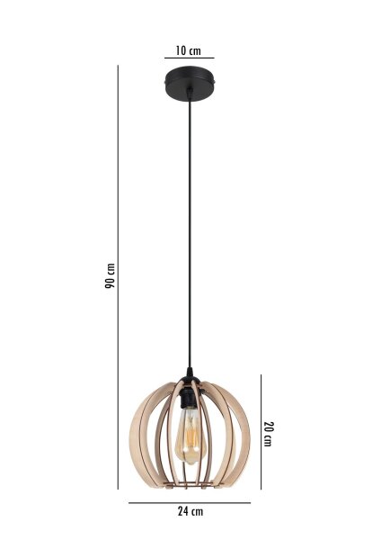 Runde Pendelleuchte Holzschirm Metall E27 Kugel Ø24 cm