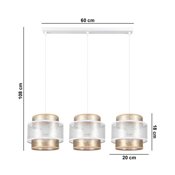 Längliche Pendelleuchte Stoff Metall E27 3-flmg 75 cm