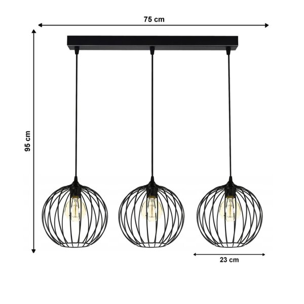 Hängelampe E27 Schwarz Metall 3-flammig L:70 cm Draht