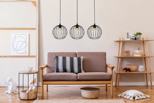 Hängelampe E27 Schwarz Metall 3-flammig L:70 cm Draht