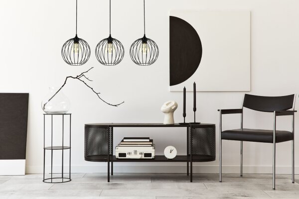 Hängelampe E27 Schwarz Metall 3-flammig L:70 cm Draht