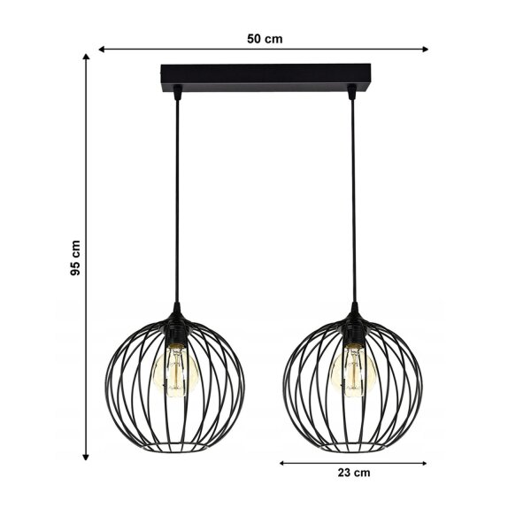 Pendelleuchte E27 Schwarz Metall 2-flammig L:60 cm