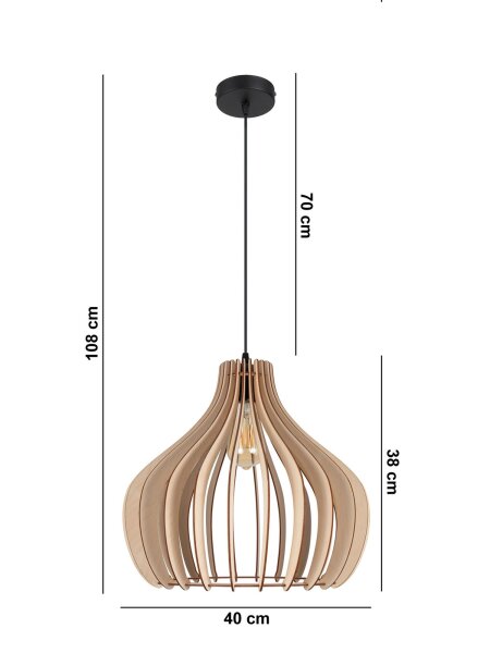 Hängelampe Holz Metall Schwarz E27 Ø40 cm rund wohnlich