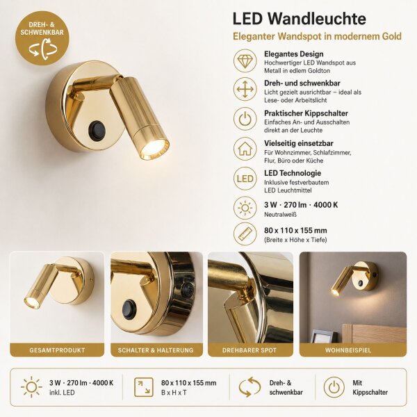 LED Wandstrahler mit Schalter Metall verstellbar Gold