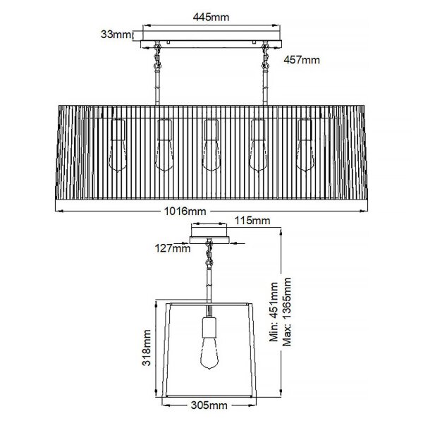 Pendelleuchte Schwarz Messing B: 101,6 cm 5x E27 Metall