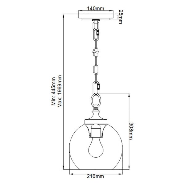 Hängelampe Metall Glas rund D: 21,6 cm H: max. 196,9 cm E27