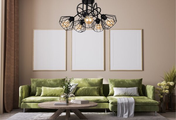 Schwarze Deckenlampe Metall Draht E27 L:60 cm 5-flammig