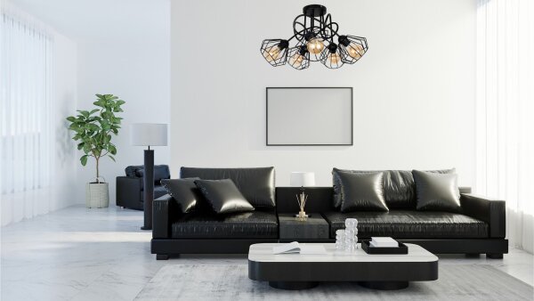 Schwarze Deckenlampe Metall Draht E27 L:60 cm 5-flammig
