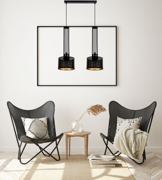 Lange Hängelampe Metall 70 cm 2-flmg E27 Schwarz Gold