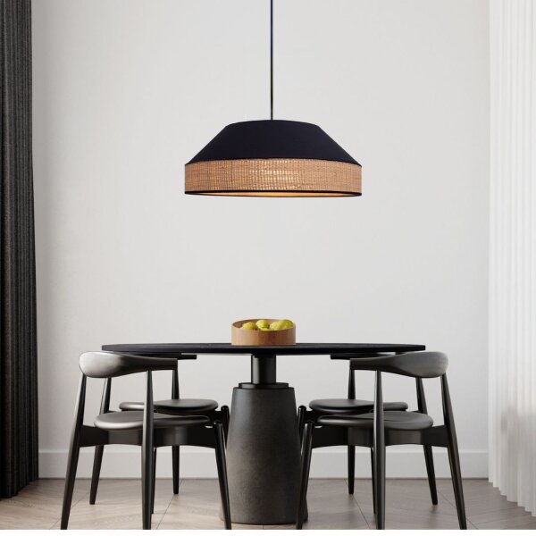 Runde Hängelampe Stoff Rattan Schwarz Natur E27 Ø45 cm