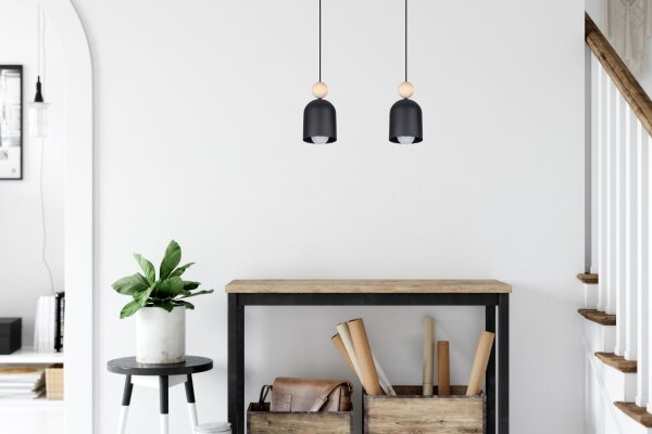 Gemütliche Pendelleuchte Schwarz Metall Holz E27 46 cm