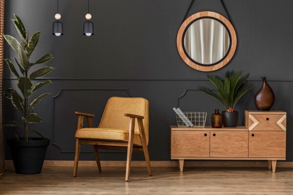 Gemütliche Pendelleuchte Schwarz Metall Holz E27 46 cm
