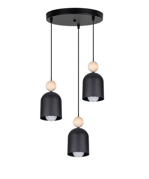 Runde Hängelampe Schwarz Metall Holz 3-flmg E27 Ø36 cm