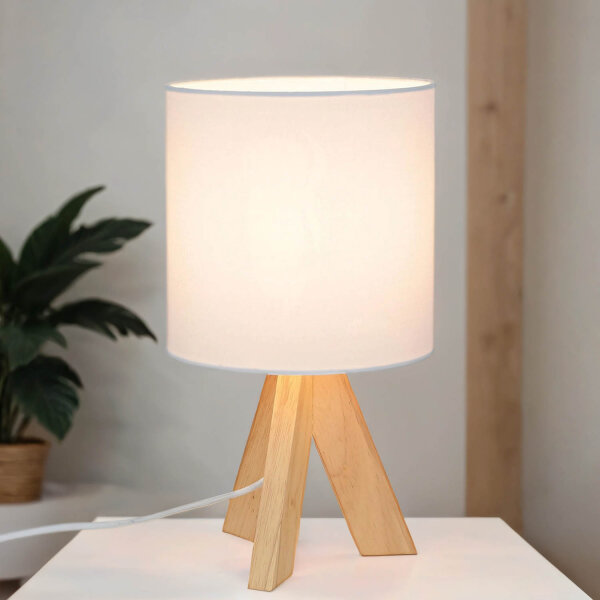 Weiße Tischleuchte Holz Fuß Stoff Schirm 31cm E14