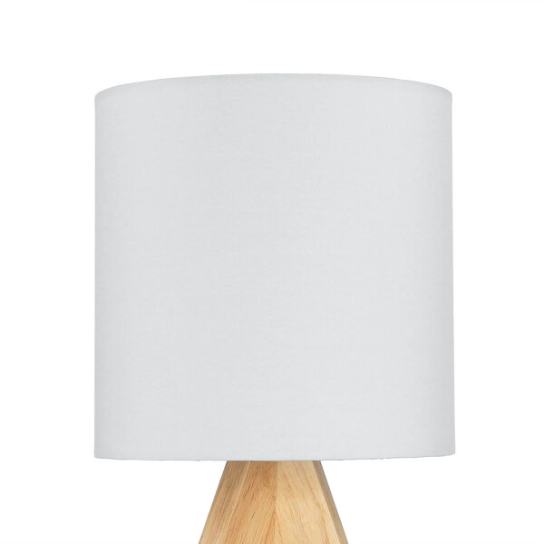 Weiße Tischleuchte Holz Fuß Stoff Schirm 31cm E14