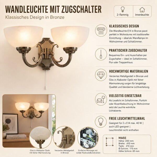 Wandleuchte MARLENE mit Glasschirm Weiß Bronze