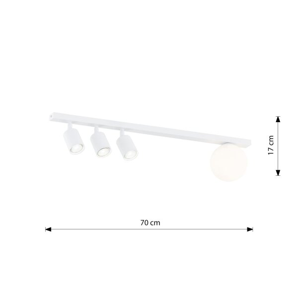 Deckenspot Glas Metall 70 cm lang Weiß 3x GU10 + E14