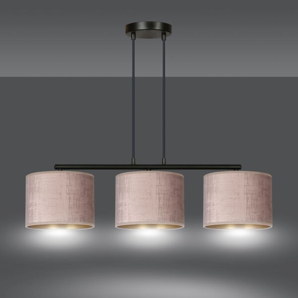 Hängelampe Metall Stoff L: 72 cm Schwarz Rosa Gold 3-flammig