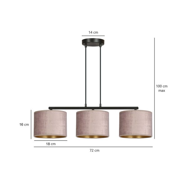 Hängelampe Metall Stoff L: 72 cm Schwarz Rosa Gold 3-flammig