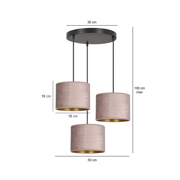 Hängeleuchte Stoff Metall Schwarz Rosa Gold 3-flammig E27