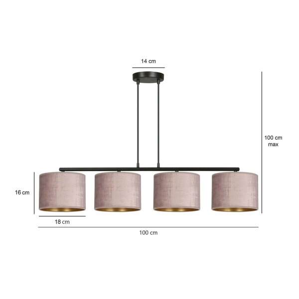 Hängelampe 4-flammig L: 97 cm Metall Stoff Rosa Gold E27