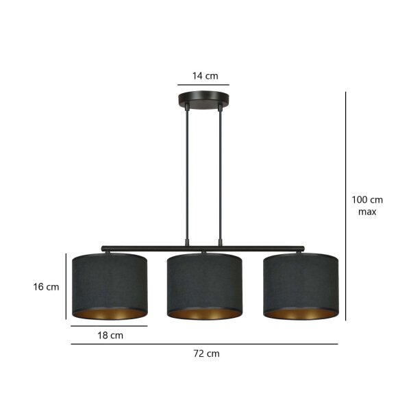 Pendelleuchte Stoff Metall L: 72cm Schwarz Gold 3-flammig E27