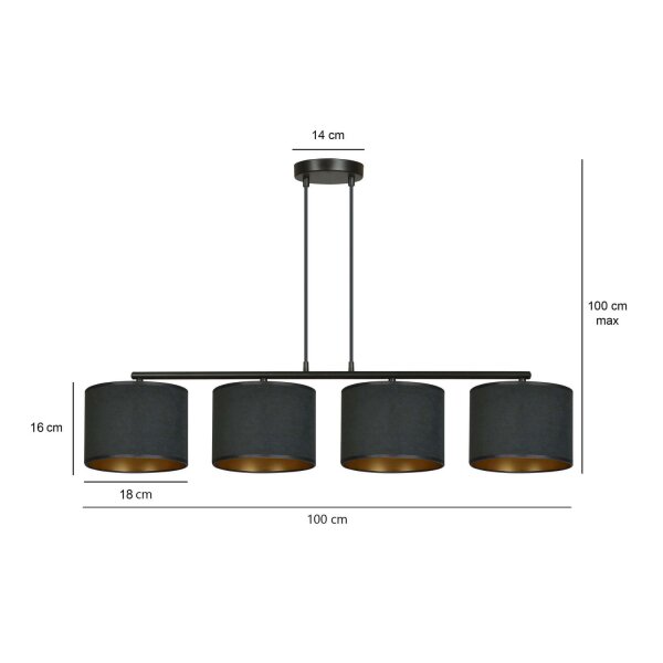 Hängelampe Schwarz Gold L: 97 cm Stoff Metall E27 4-flammig