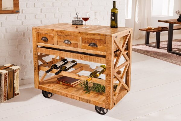 Barschrank mit Rollen Mangoholz massiv B: 86 cm Industrial