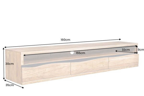 TV Hängeboard 160 cm Schubladen Baumkante Akazienholz
