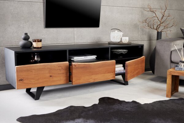 TV Lowboard 140 cm Baumkante Fächer Schubladen Holz Eisen