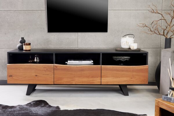 TV Lowboard 140 cm Baumkante Fächer Schubladen Holz Eisen