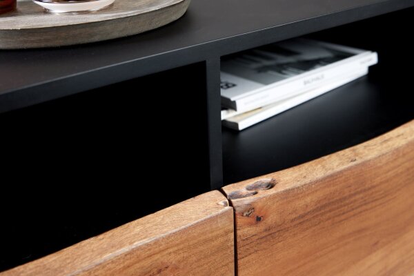 TV Lowboard 140 cm Baumkante Fächer Schubladen Holz Eisen