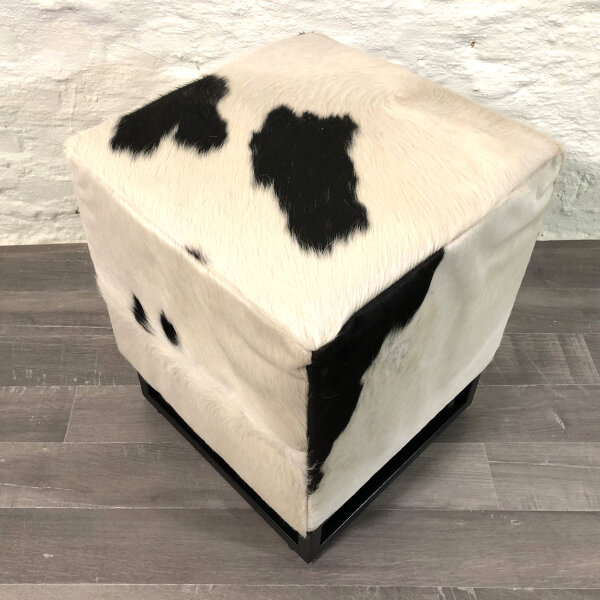 Hocker Kuhfell Metall Handarbeit 44x45 cm in Schwarz Weiß