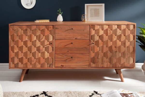 Sideboard Akazie 145 x 75cm 3D-Fronten Retro Schubladen Türen