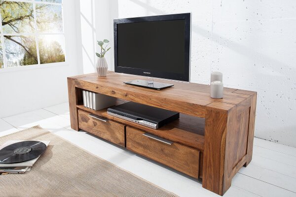 TV Lowboard Holz Sheesham 130 x 45 cm Schubladen großes Fach