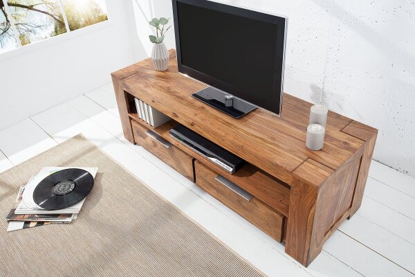 TV Lowboard Holz Sheesham 130 x 45 cm Schubladen großes Fach