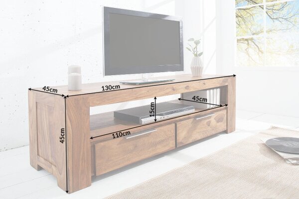 TV Lowboard Holz Sheesham 130 x 45 cm Schubladen großes Fach