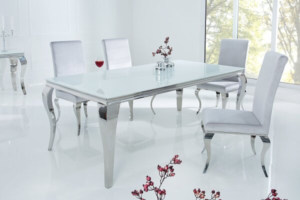 Esstisch Keramik Hartglas Metall in Weiß Silber 180x90 cm