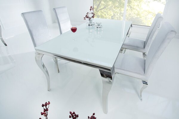 Esstisch Keramik Hartglas Metall in Weiß Silber 180x90 cm