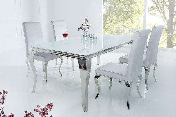 Esstisch Keramik Hartglas Metall in Weiß Silber 180x90 cm