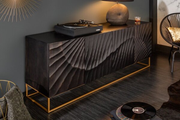 Sideboard Holz Metall Schwarz Gold 177 x 76 cm Handarbeit groß