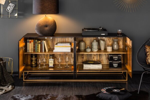 Sideboard Holz Metall Schwarz Gold 177 x 76 cm Handarbeit groß