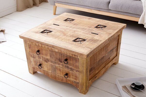 Couchtisch mit Schublade Mango Holz Metall in Natur 70x70 cm
